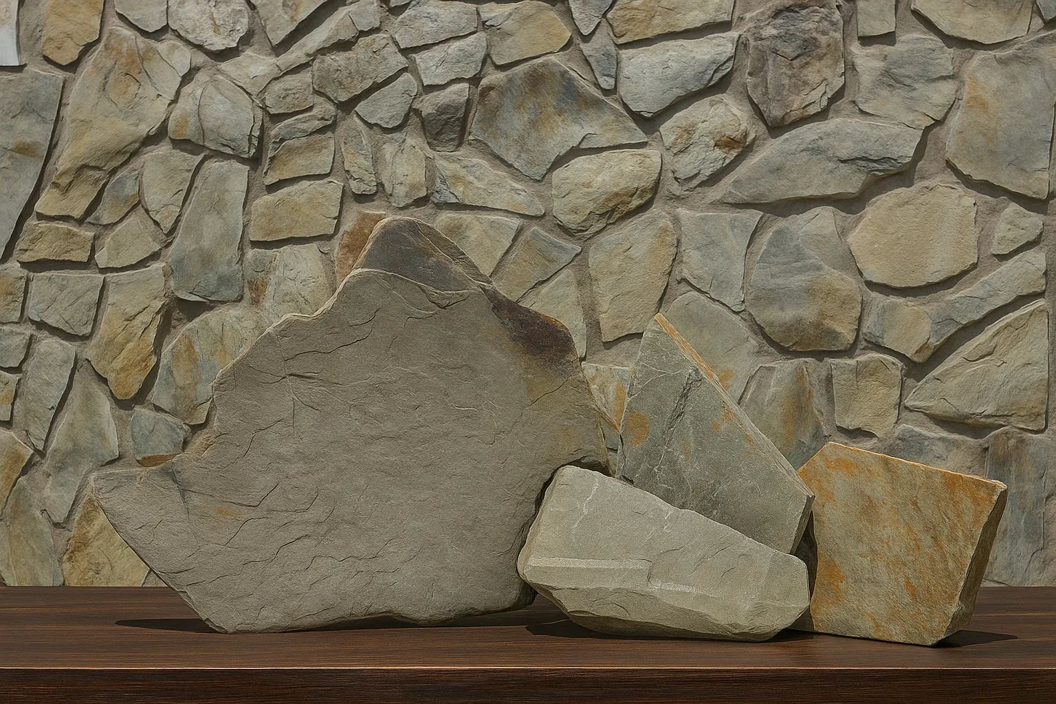 Muestras de piedra laja sobre mesa, contra muro revestido